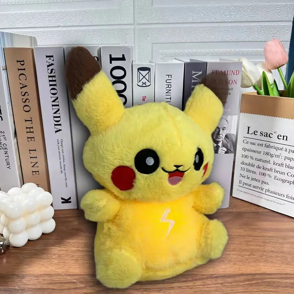 PikaBoo™ breathing glow plush sitting on a bookshelf with books and decor, cozy stuffed toy designed for kids comfort, sleep support, and room decoration