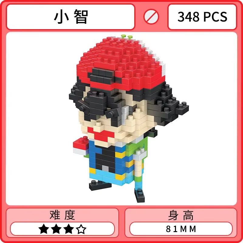 Fully assembled Pokémon brick models on display