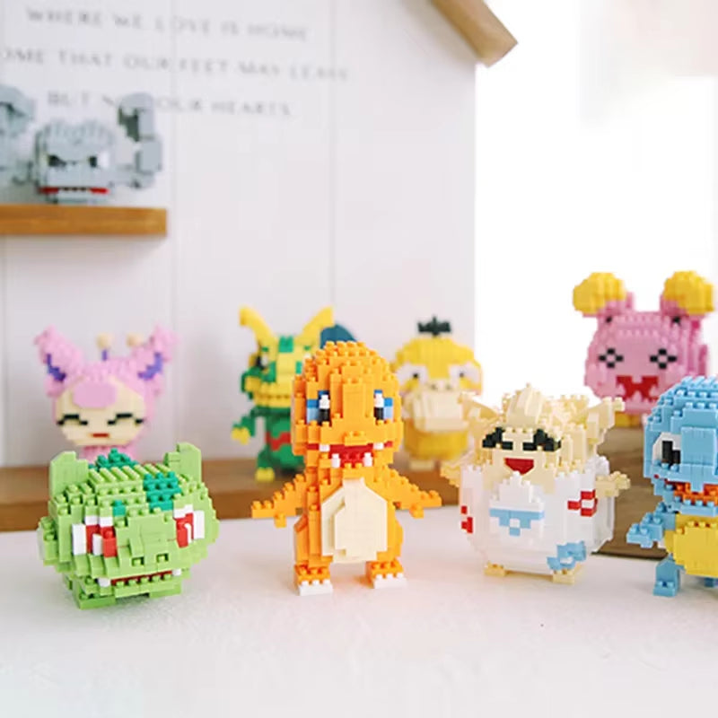 Mini Pokémon-style brick models arranged for display