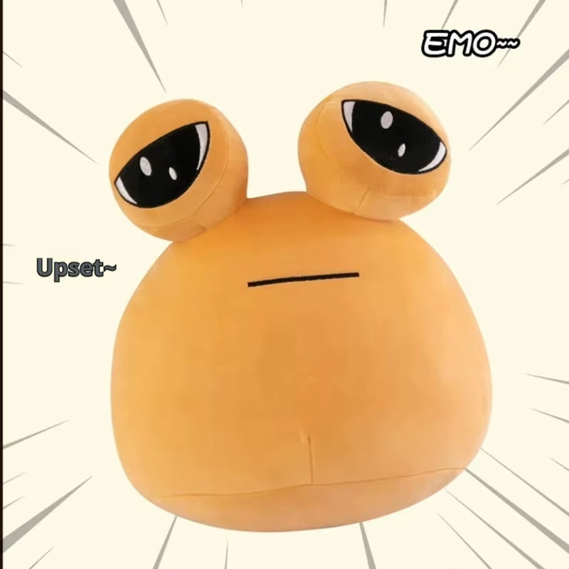 Pou plush toy with big eyes and funny emo expression, cute soft pillow for kids and meme lovers