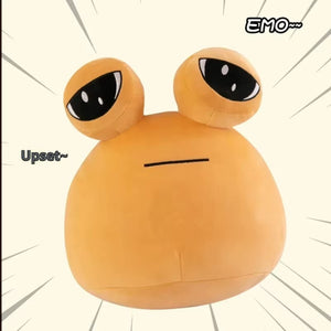 Pou plush toy with big eyes and funny emo expression, cute soft pillow for kids and meme lovers