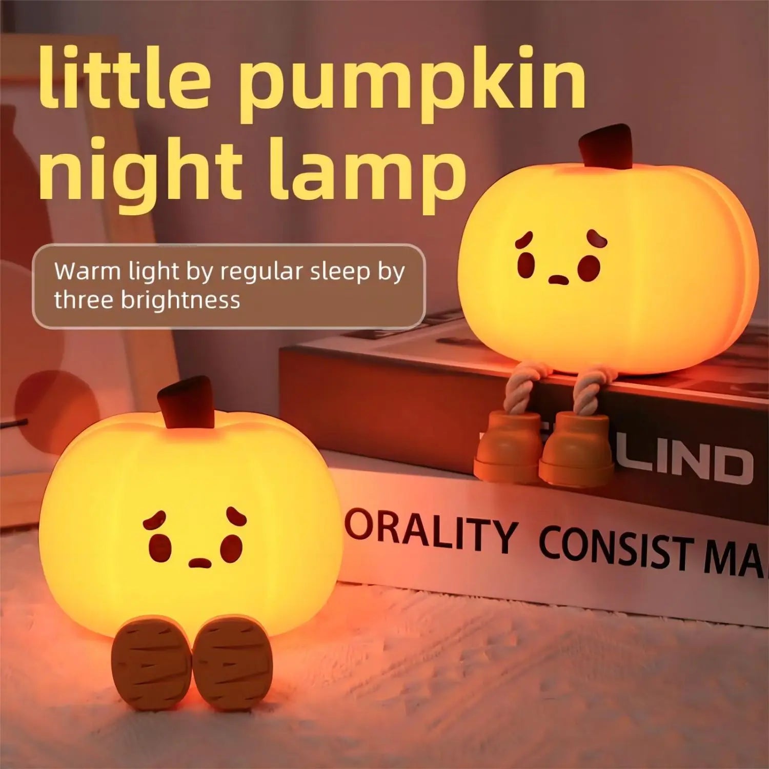 Little pumpkin night light showing adjustable dimmable brightness