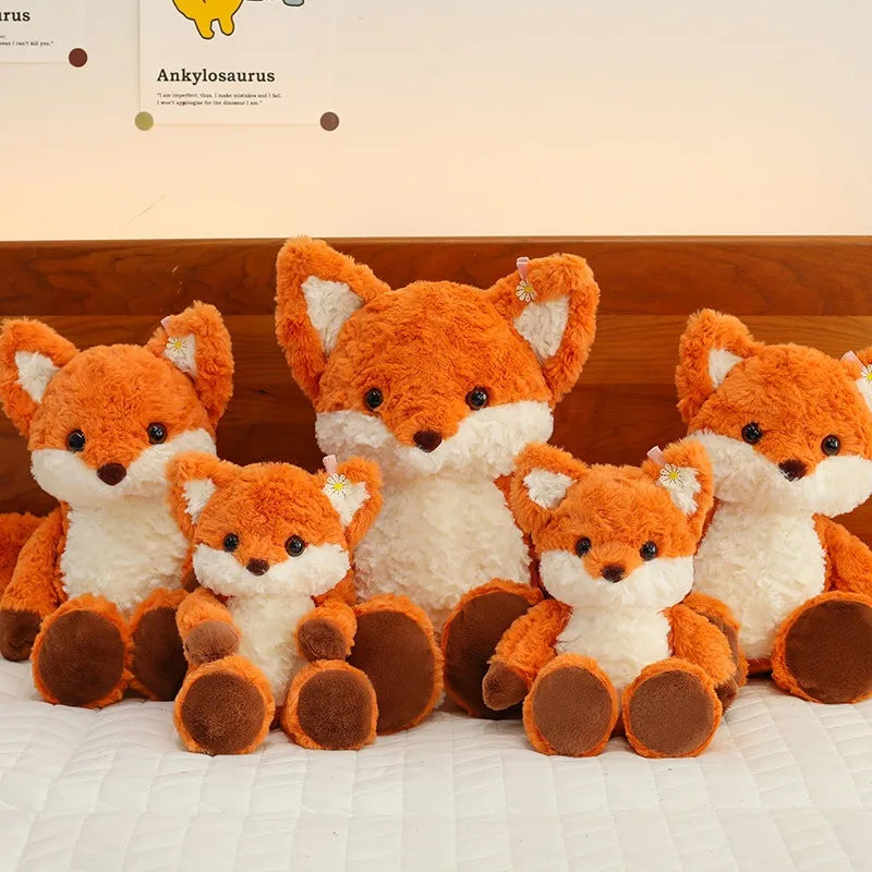 Close-up of the face details on a red fox plush toy