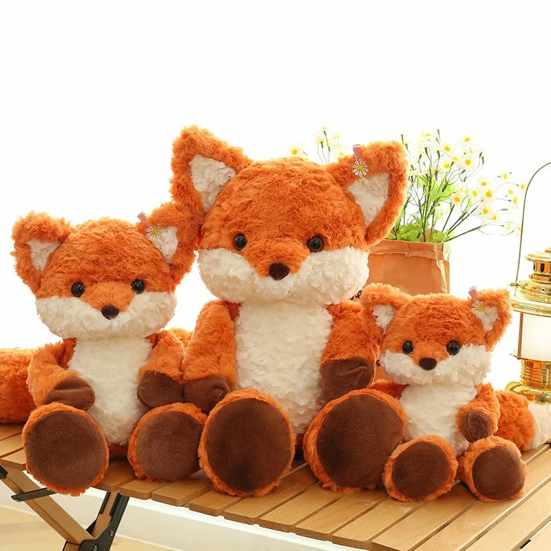 Red fox plush toy shown in 35cm, 50cm, and 65cm size options