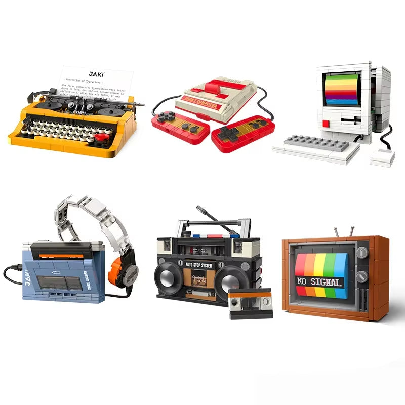 Close-up of detailed brick construction on retro electronics models