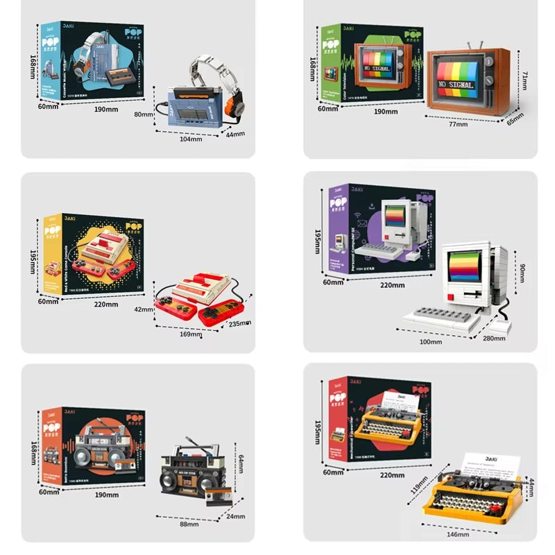 DIY retro electronics brick model set displayed as a fun gift or desk decor