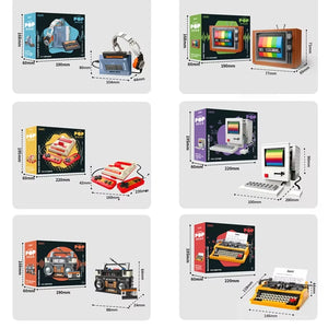 DIY retro electronics brick model set displayed as a fun gift or desk decor