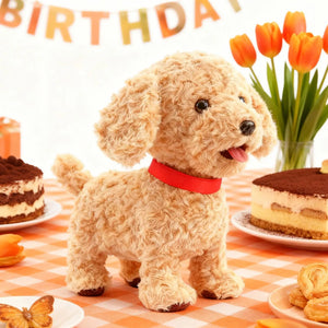 Brown robot dog plush toy as a birthday or Christmas gift on a party table