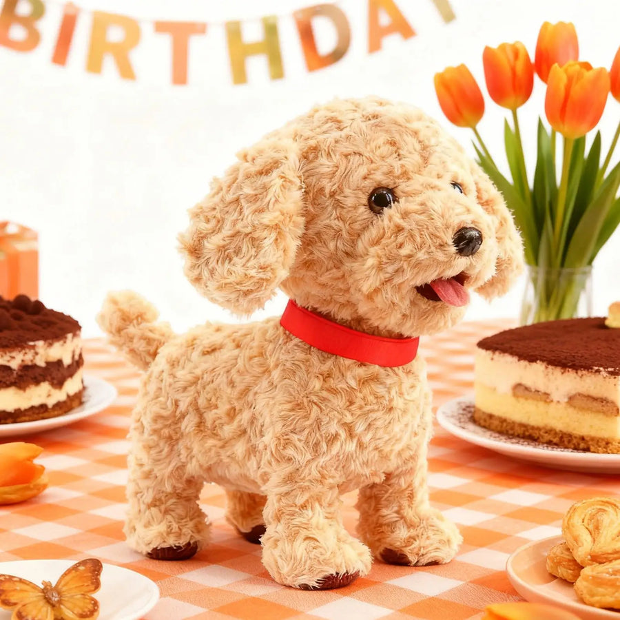 Brown robot dog plush toy as a birthday or Christmas gift on a party table