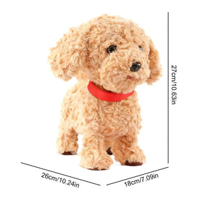 Brown plush robot dog toy shown with full size measurements