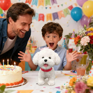 Child and parent delighted by white robot dog toy at a birthday party