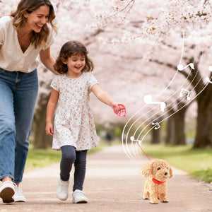 Girl walking the robot dog on its leash outdoors, toy plays music