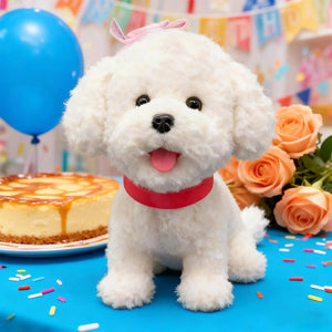 White robot dog plush toy styled as a birthday gift with cake and flowers