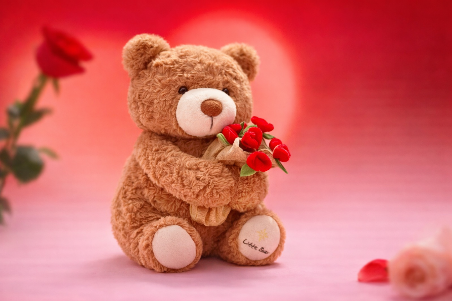 Full view of a rose bear plush showing its heart-shaped rose design