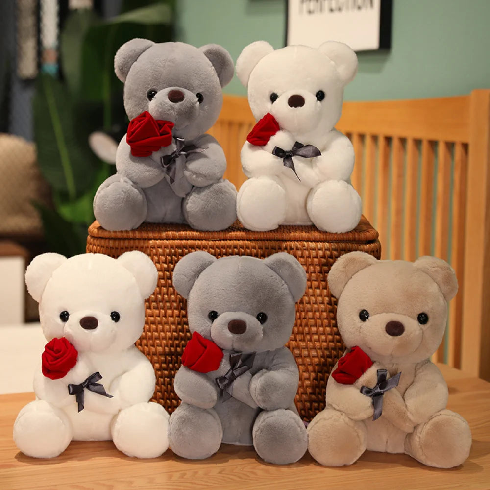 Group display of rose bear plush toys presented as Valentine’s Day gifts