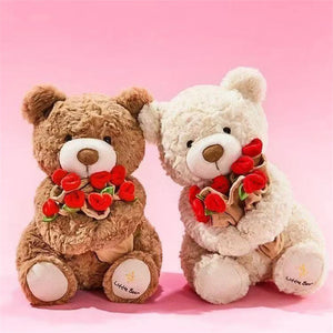 Close-up of the rose design on a rose bear plush