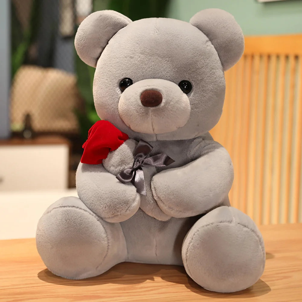 Silver rose bear plush toy styled as an elegant Valentine’s Day gift