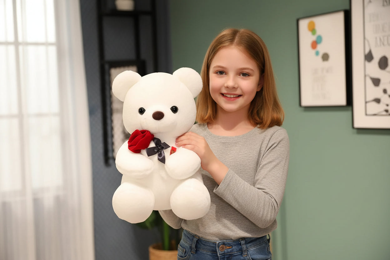 Girl holding a white rose bear plush as a romantic Valentine’s Day gift