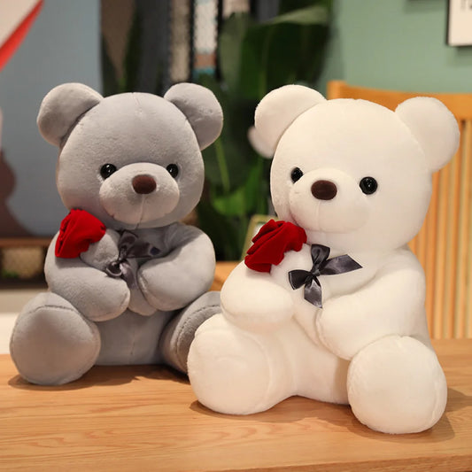 White and silver rose bear plush toys displayed together as a romantic Valentine’s gift