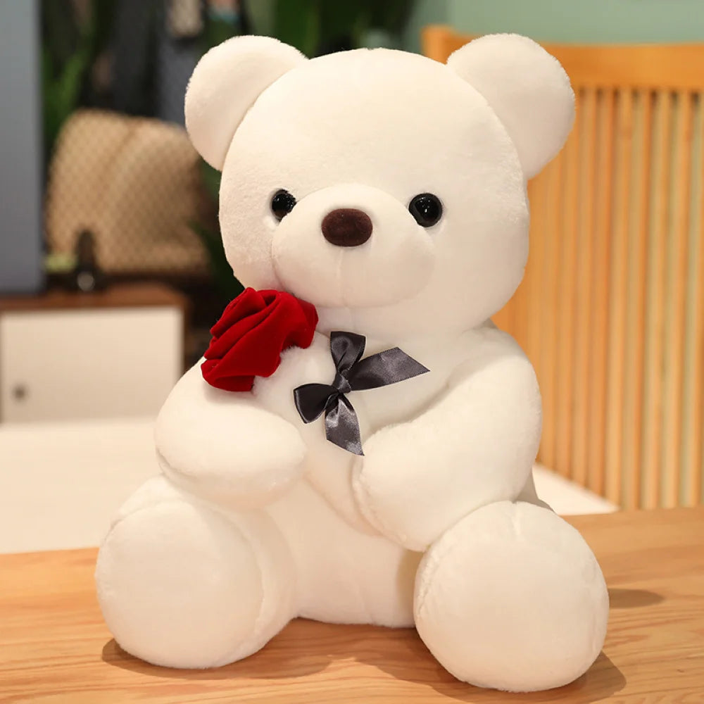 White rose bear plush toy displayed as a romantic hug bear gift