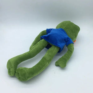 sad pepe frog plush toy full body back view showing long legs and soft fabric