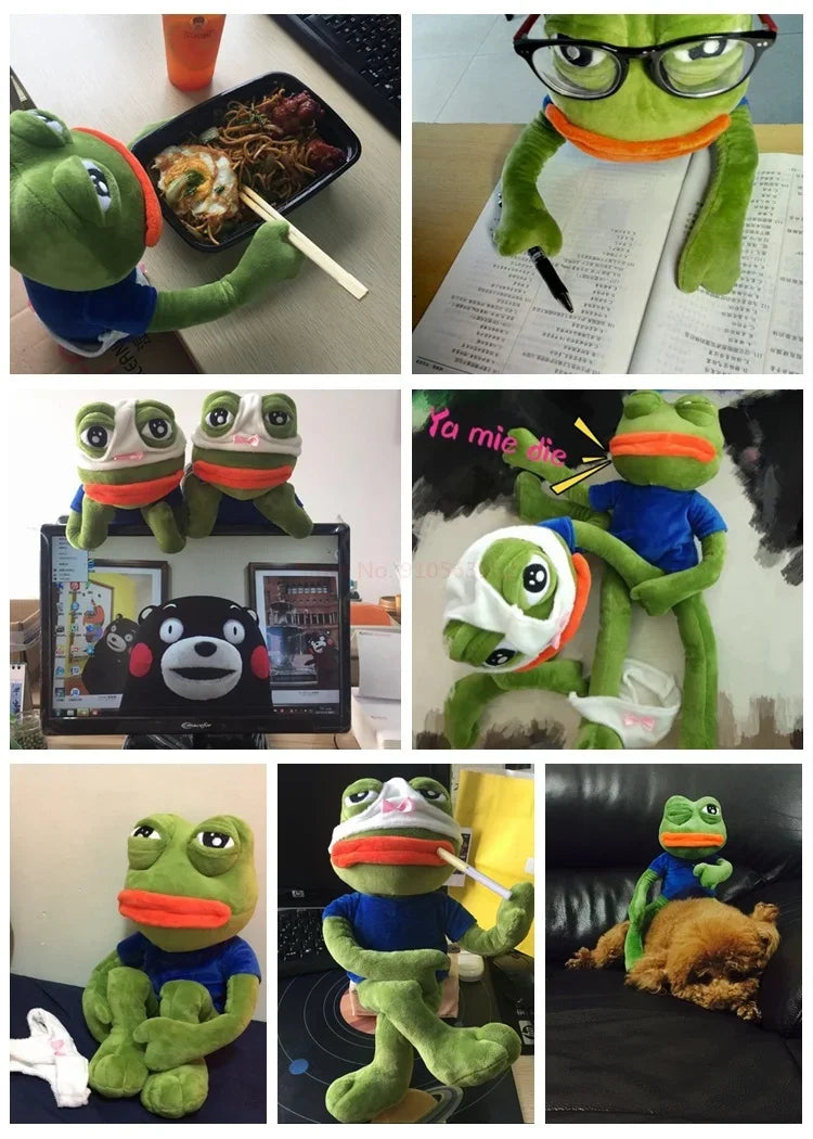 sad pepe frog plush toy collage showing different poses and everyday use