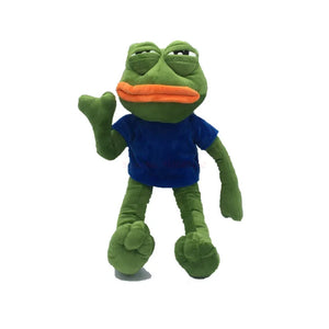 sad pepe frog plush toy wearing blue shirt full body on white background