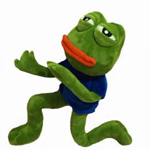 sad pepe frog plush toy in funny pose wearing blue shirt on white background