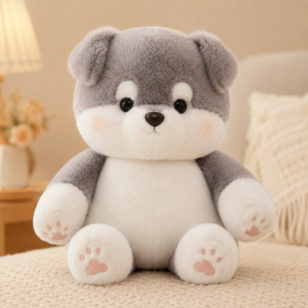 Scooter Zoomies gray dog plush sitting on a cozy bed with soft warm lighting, showing a cute stuffed animal for cuddles, comfort, and room decor