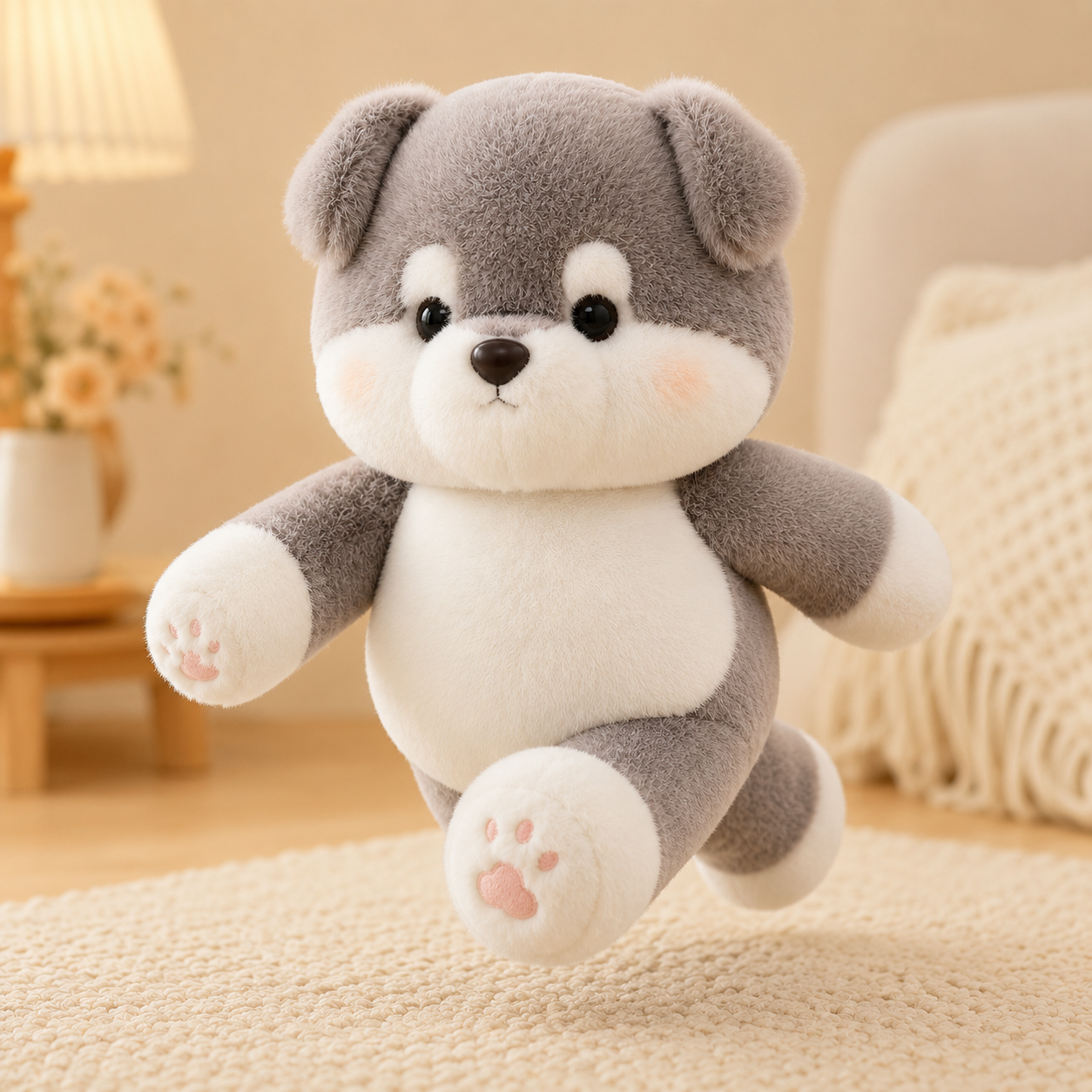 Scooter Zoomies gray dog plush in a playful running pose on a cozy carpet, showing a soft stuffed animal for fun, cuddles, and comfort