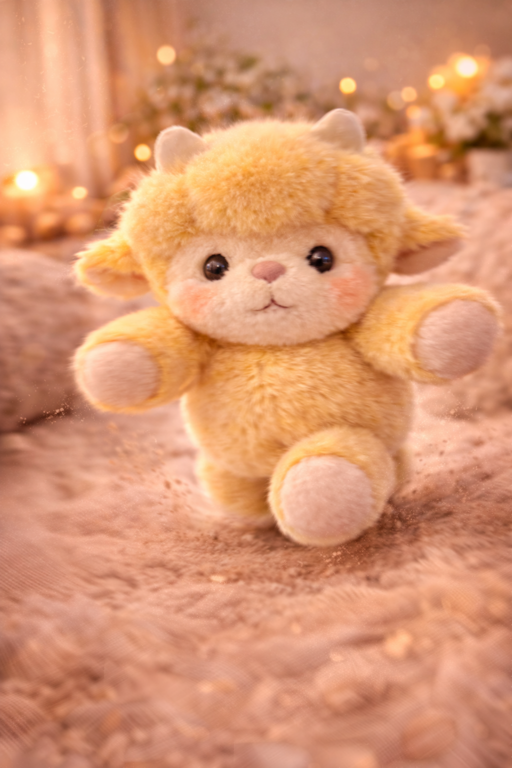 Sniffles Zoomies plush yellow sheep running on a soft cozy surface, cute stuffed animal designed for comfort and emotional support