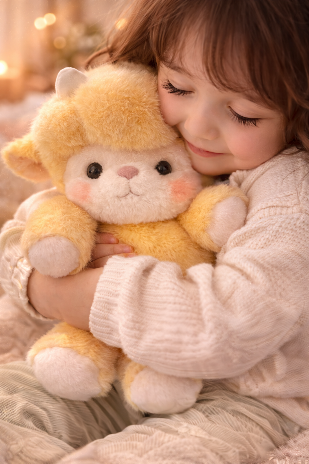 Sniffles Zoomies plush yellow sheep being hugged by a child, soft stuffed toy for comfort, calm, and emotional support