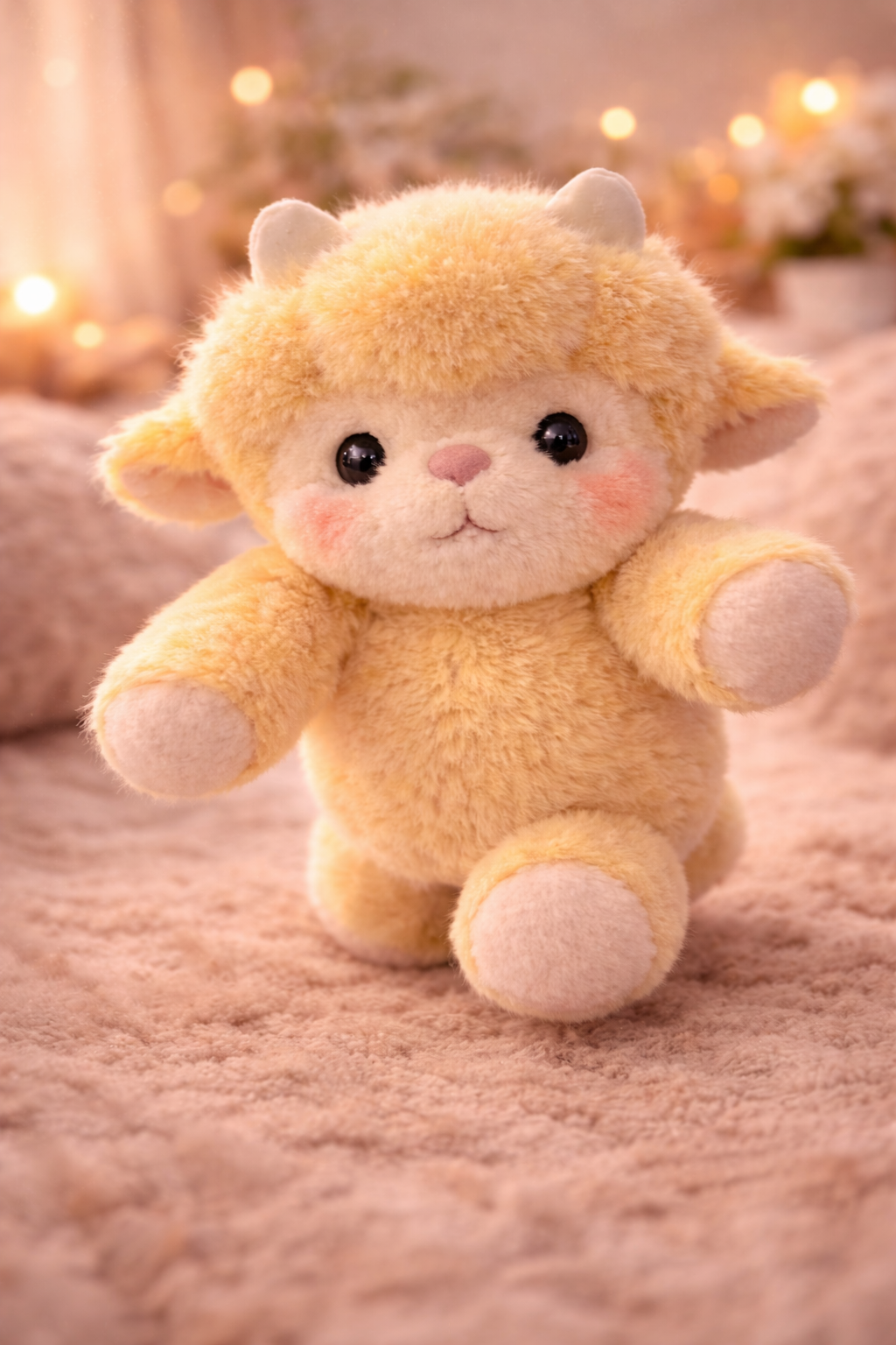 Sniffles Zoomies plush yellow sheep sitting on a soft cozy surface, cute stuffed animal designed for comfort, calm, and emotional support