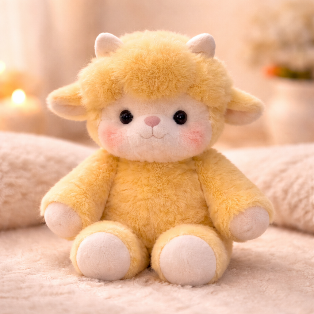 Sniffles Zoomies plush yellow sheep sitting on a soft cozy surface, cute stuffed animal designed for comfort and emotional support