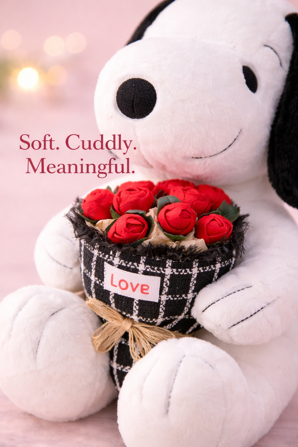Close-up of flowers held by the Snoopy plush toy