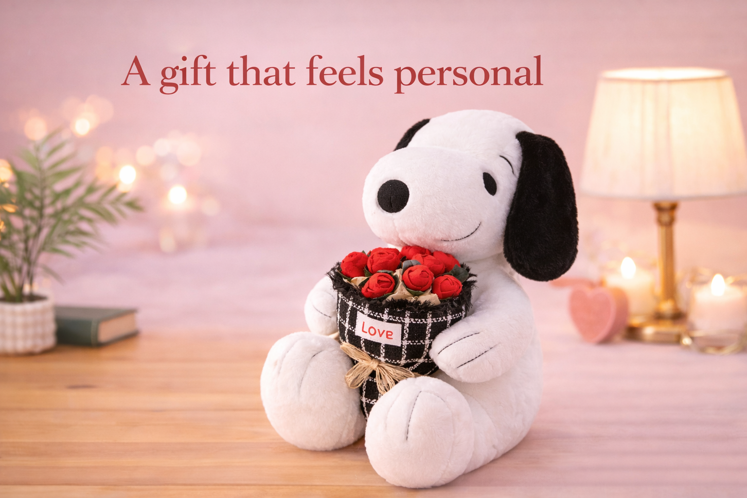 Person hugging a 65cm Snoopy plush holding flowers on Valentine’s Day