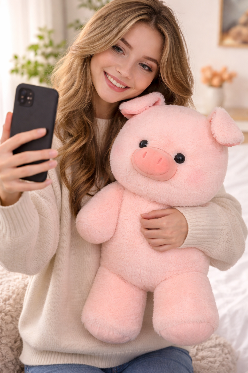 Sprout Zoomies plush pig being held during a selfie, cute soft stuffed animal designed for comfort, companionship, and everyday moments.