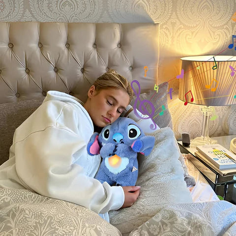 Stitch breathing plush used as a comforting sleep toy for babies