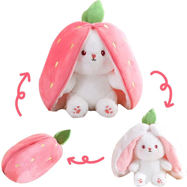 Strawberry bunny plush transforming from fruit shape into cute rabbit stuffed toy, step by step design showing soft kawaii plush for kids and gifts