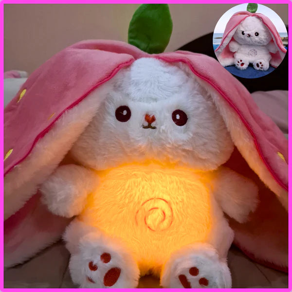 Strawberry radish bunny plush shown glowing and unlit for comparison
