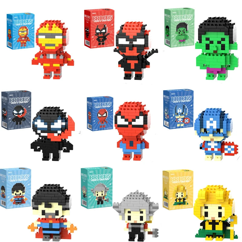 Collection of superhero-inspired building brick figures displayed together