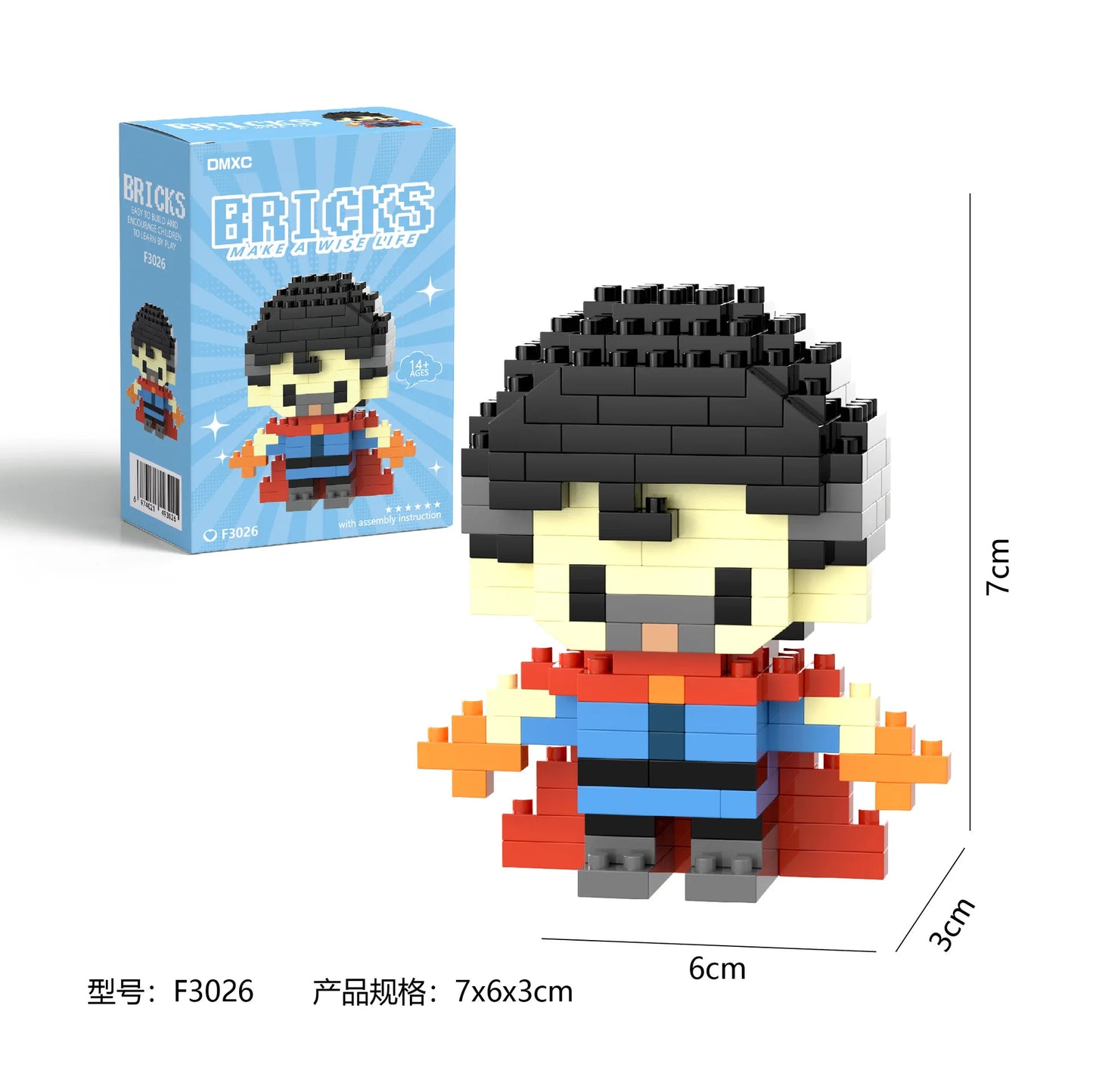 Superman-inspired building brick figure featuring a heroic pose and bright colors