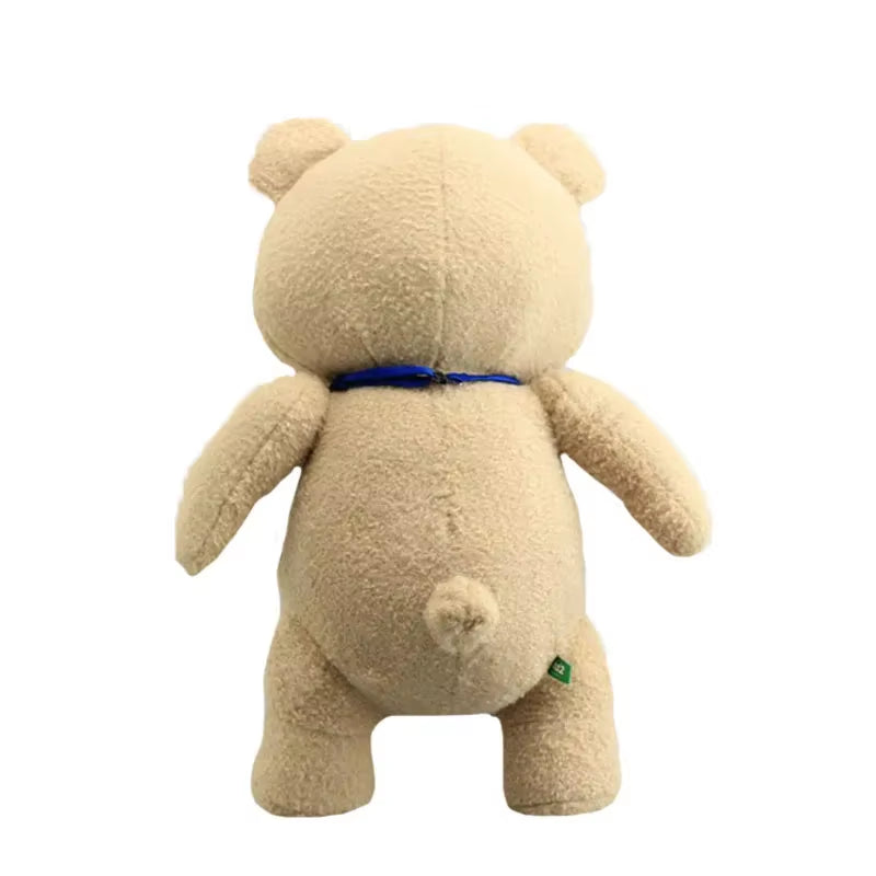 Back view of Ted plush teddy bear with blue ribbon