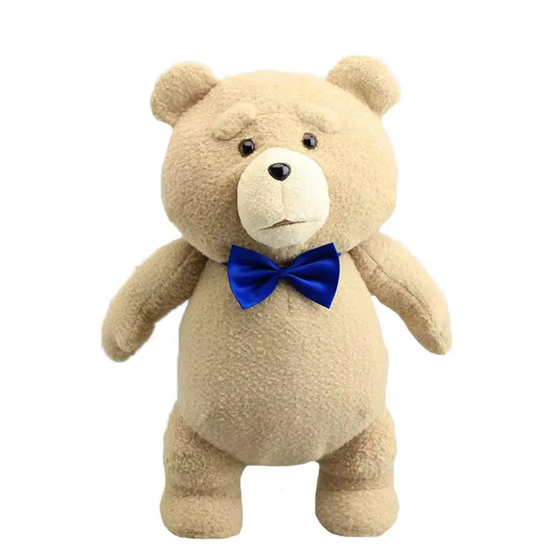 Ted plush teddy bear with blue ribbon shown from the front