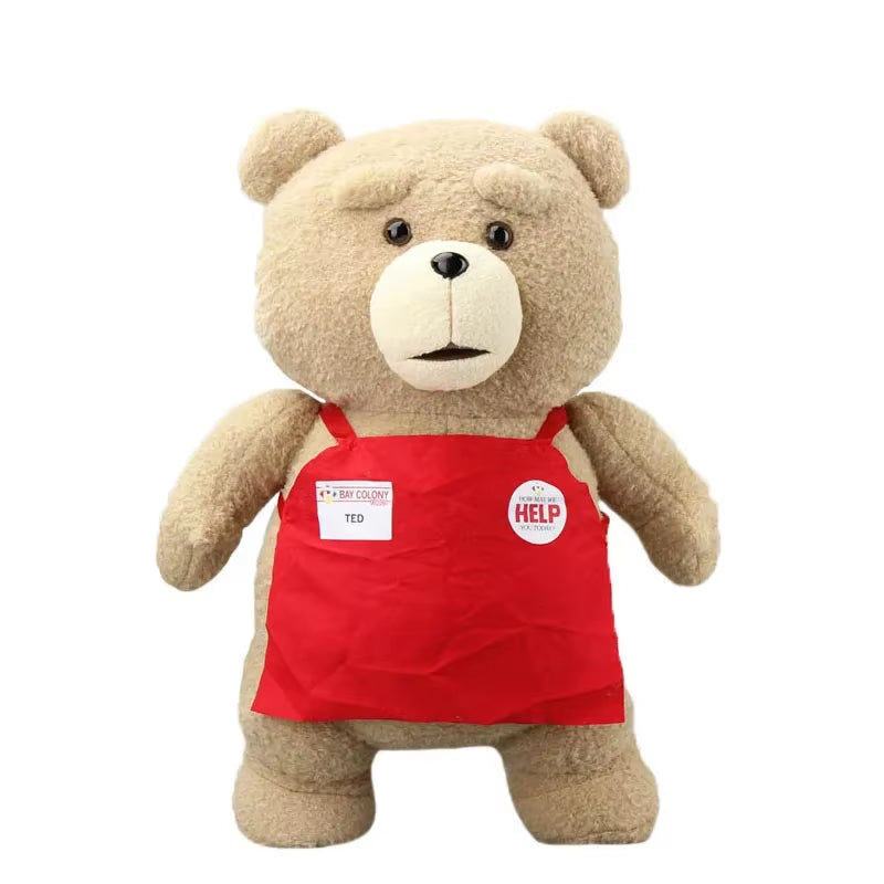 Ted plush teddy bear wearing a red kitchen apron shown from the front