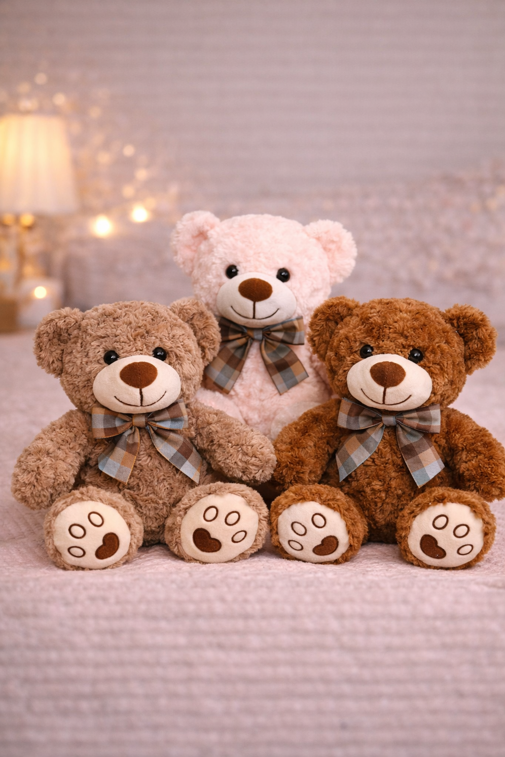Three teddy bears with bow ties sitting together on a soft surface.