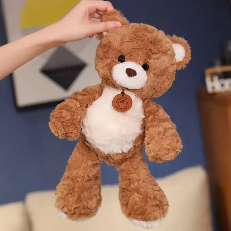 Soft teddy bear plush being hugged, showing its comforting size and feel
