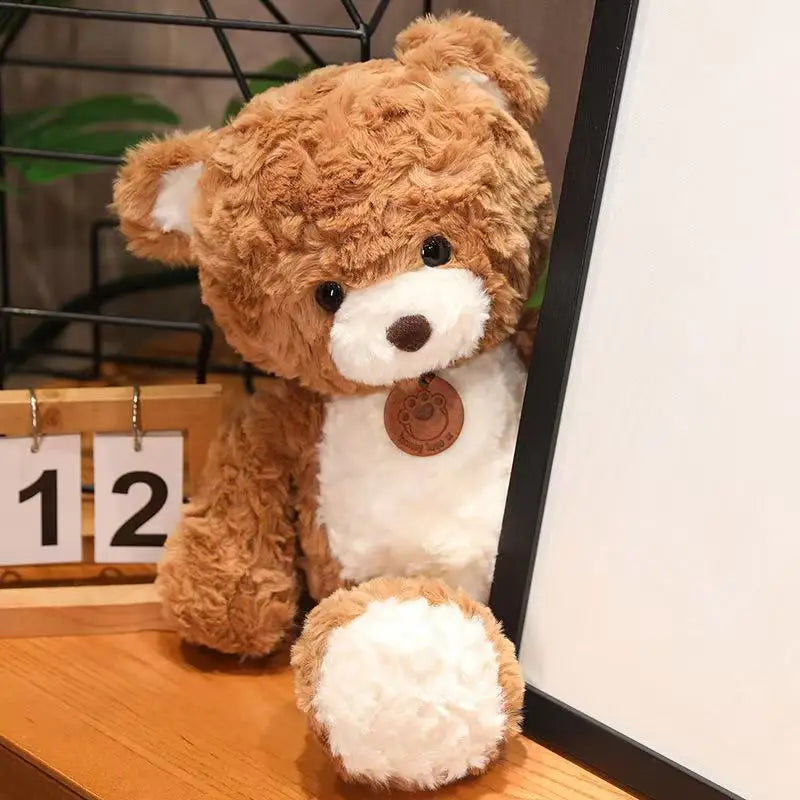 Soft teddy bear plush placed in a cozy bedroom setting