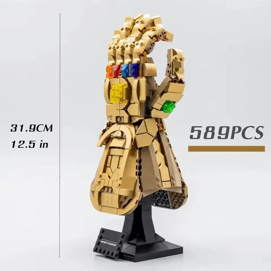 Thanos-style cosmic gauntlet brick model displayed on a stand