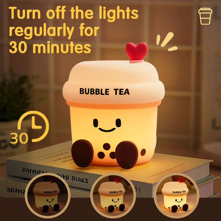 The Boba Night Light glowing warmly on stacked books with text highlighting a 30-minute light-off rest reminder.